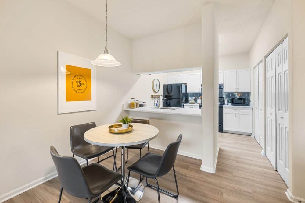 the outpost san marcos apartments near texas state university dining area and kitchen
