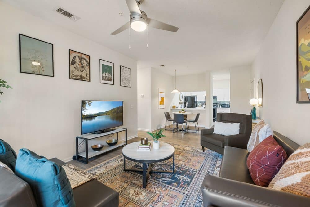 the outpost san marcos apartments near texas state university fully furnished living room dining area and kitchen
